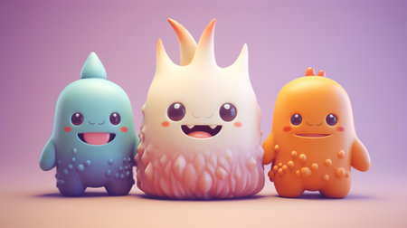 Three colorful cute cartoon characters isolated on a pastel blue background..の素材