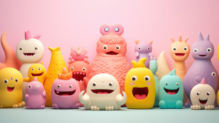 3D colorful group of cute cartoon characters on a pink background.の素材
