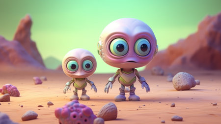 Extraterrestrial Beings Conversing on Sandy Beach Under Starlit Sky.の素材