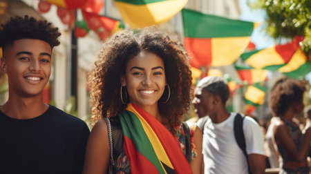Happy Beautiful African American Woman with red, green and yellow flag symbolizing Juneteenth Freedom and African liberation day. Black life matters. Black history monthの素材