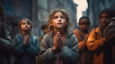 Young girl with blonde hair sitting in a peaceful lotus position on a busy city street, surrounded by blurred pedestrians, with her hands clasped in prayer and a contemplative expression on her face.の素材