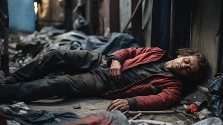 A homeless man sleeps on the sidewalk in front of a store in a crowded city street. He wears a dirty jacket and jeans, with matted hair. Trash litters the street, with passersby in the background.の素材