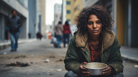 Homeless woman Holding Out a Bowl of Food, Seeking Assistance from Compassionate Bystanders.の素材