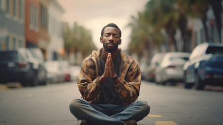 In a city, a young African-American man in a brown jacket looks up in awe at the stormy sky. Buildings in the background are blurred, adding to the scenes sense of wonder.の素材