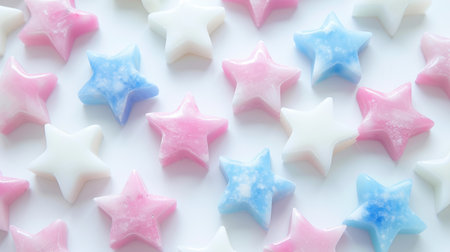 Colorful star-shaped candies in blue and pink on white surface for party decorations..の素材