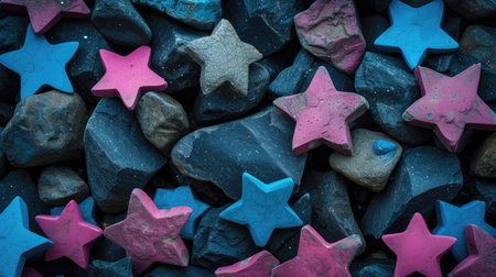 Elegant Pink and Blue Stars on Mysterious Black Background for Vibrant Design Projects.の素材