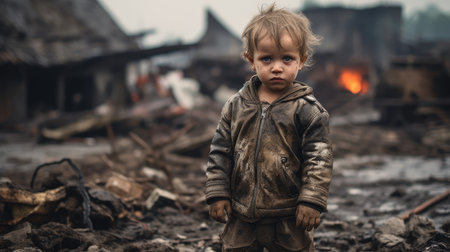 A boy in tattered clothes, with a dirty face, stands alone in the rubble of his home destroyed by an airstrike, showing fear and uncertainty as he faces homelessness and the absence of family support.の素材