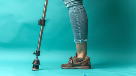 Detailed close up of prosthetic leg on blue background, emphasizing medical conceptの素材