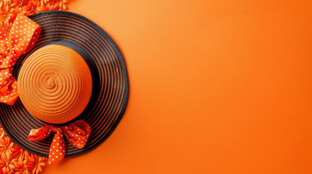 Stylish orange womens hat with a ribbon next to orange decorative flowers on an orange background.の素材