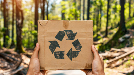 Hands with recycling bin, earth day concept, plastic waste, recycling symbol, blurred backgroundの素材