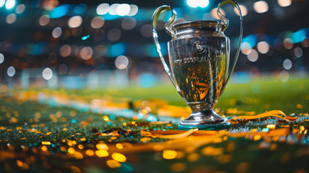 Football cup final  champion trophy on green field with spotlight glow and confetti celebrationの素材