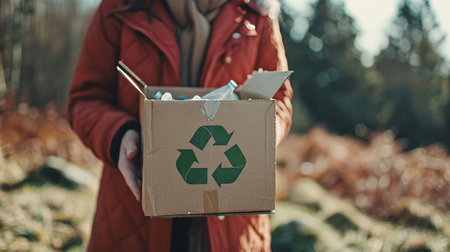 Hands holding recycling bin with plastic waste, earth day concept, blurred backgroundの素材