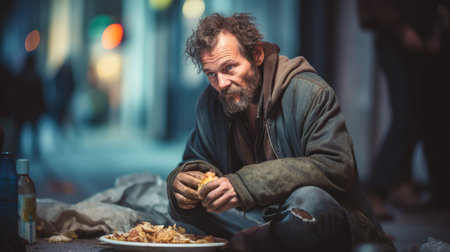 A close-up portrait of a homeless man with eyes and a long beard. He is looking at the camera with a sad expression. The background is blurry and out of focus.の素材