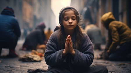 Young girl with blonde hair sitting in a peaceful lotus position on a busy city street, surrounded by blurred pedestrians, with her hands clasped in prayer and a contemplative expression on her face.の素材