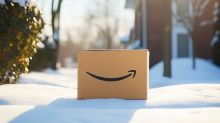 Delivered Amazon prime parcel box on door mat near winter snow entrance. Christmas online shopping. Black Friday saleの素材