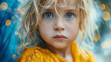 Upset ukrainian child holding national flag against blurred background in emotional sceneの素材