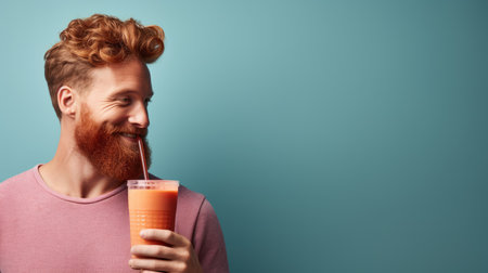 Excited man enjoying a nutritious orange smoothie with fruits in a vibrant studio setting.の素材