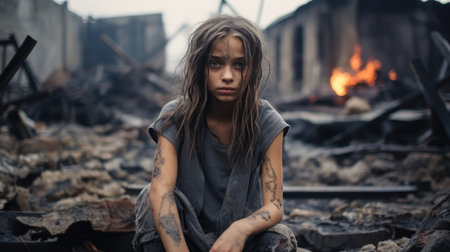 A young girl amidst debris of collapsed house after earthquake, tears streaming down her face, portraying intense loss and despair, in need of support and assistance.の素材