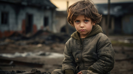 A boy in tattered clothes, with a dirty face, stands alone in the rubble of his home destroyed by an airstrike, showing fear and uncertainty as he faces homelessness and the absence of family support.の素材