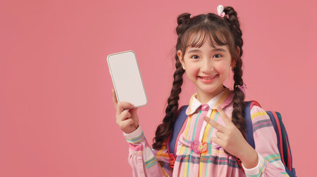 Cheerful Asian Schoolgirl With Backpack Showing Phone With Blank Screen, Isolated On Pinkの素材
