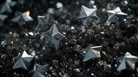 Black glitter stars scattered on a dark background with an enchanting sparkle..の素材