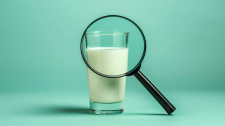 Glass of Milk Under Magnifying Glass, Isolated On A Blue Background In A Concept Of Food Analysis.の素材