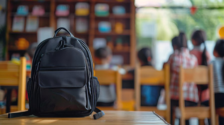 Blurred classroom scene with kids and school backpack on table, symbolizing back to school conceptの素材