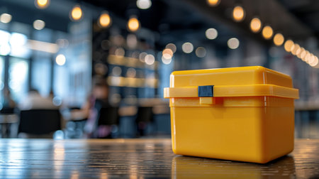 Back to school lunchbox on table with blurred kids in background, concept of school lunchtimeの素材