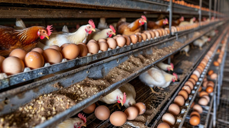 Battery Cage Hens Laying Brown Eggs on a Poultry Farm Agriculture and Food Productionの素材