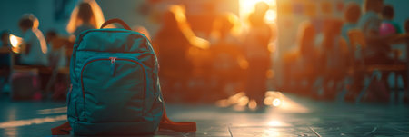 Bright school backpack on table, kids in blurred classroom   back to school conceptの素材