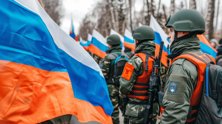 Russian Military Officers in Formation, Displaying Patriotism with Flags Waving Proudlyの素材