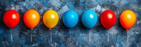 Seven Colorful Balloons Against a Textured Gray Background, Minimalist Festive Decorationの素材
