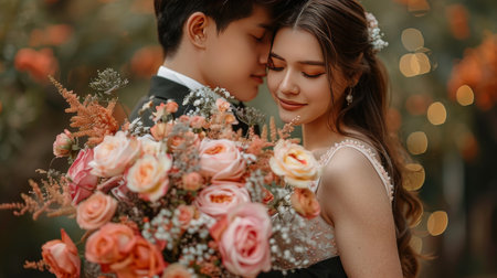Romantic Moment Young Couple On Wedding Day, Sharing Intimate Embrace With Bouquet Of Peach Rosesの素材