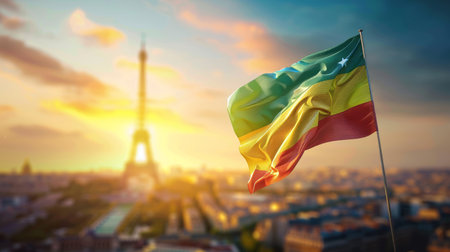 Ethiopian Flag Waving in the Wind, with Blurred Eiffel Tower and Cityscape in Background at Sunsetの素材