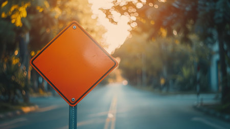 Blank Orange Road Sign Under Golden Light From Trees and Sunset With Street Backgroundの素材