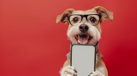Clever Canine Smiling Dog with Eyeglasses Holds out Smartphone Against Bold Red Backdropの素材