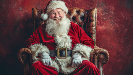 Smiling Traditional Santa Claus in Leather Armchair on Christmas, Festive Holiday Backgroundの素材