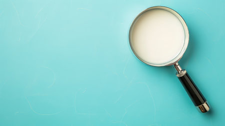 Magnifying Glass With Fresh Dairy Milk In Glass On Minimal Blue Background, Copy Spaceの素材