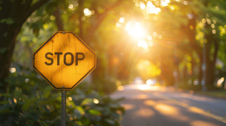 Sunlit Stop Sign on a Tree-Lined Road A Symbol of Caution and Safety with Bokeh Backgroundの素材