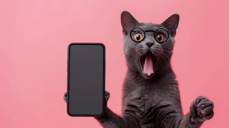 Surprised Gray Cat with Glasses Holding Blank Smartphone Screen, Isolated on Pink Backgroundの素材