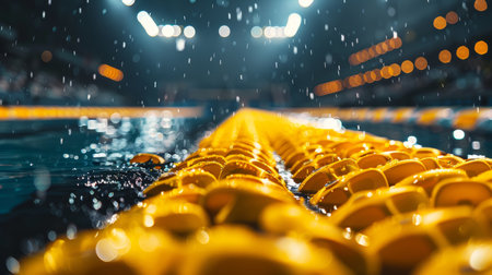 Close-Up View of Empty Swimming Pool Lane Lines with Water Droplets and Defocused Lightsの素材