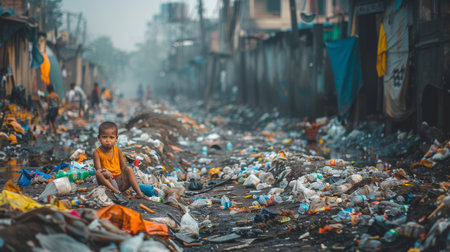 Child in Poverty, Surrounded by Pollution Depicts Social Inequality and Environmental Impact.の素材