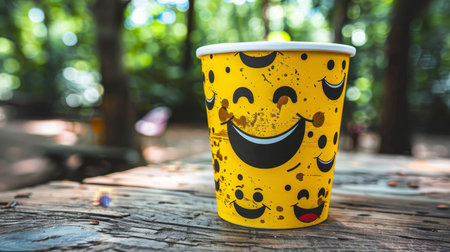 Close Up of Vibrant Emoticon Cup, Cheerful Drinkware Against Natural Green Woodland Settingの素材