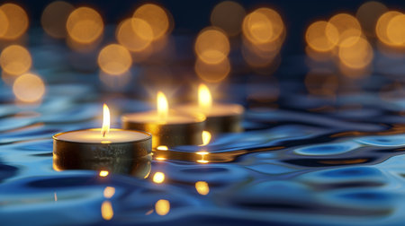 Floating Candles, Tranquil Scene with Lights and Glowing Bokeh, Serenity and Relaxation Symbolの素材