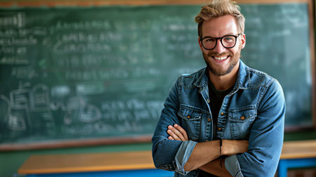 Happy Teacher With Arms Crossed, Smiling at Camera in Front of Blackboard. Back to School concept.の素材