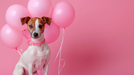 Cute Jack Russell Terrier Dog With Pink Balloons On Pink Background. Valentines Day Concept.の素材