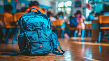 Vibrant school backpack on desk, classroom with kids in blurback to school themeの素材