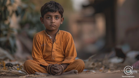 Portrait of Young Indian Boy with Orange Shirt Sitting on the Ground, Poverty in Developing Countryの素材