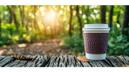 Take-Out Paper Coffee Cup Resting on Wooden Surface, Tranquil Autumn Forest Background.の素材