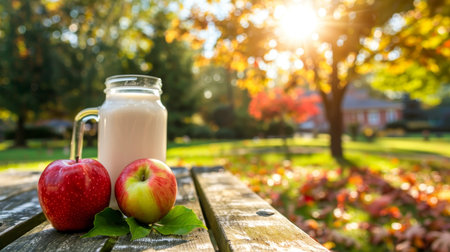 Back to school lunchbox, apple, and milk on table with blurred background   educational conceptの素材
